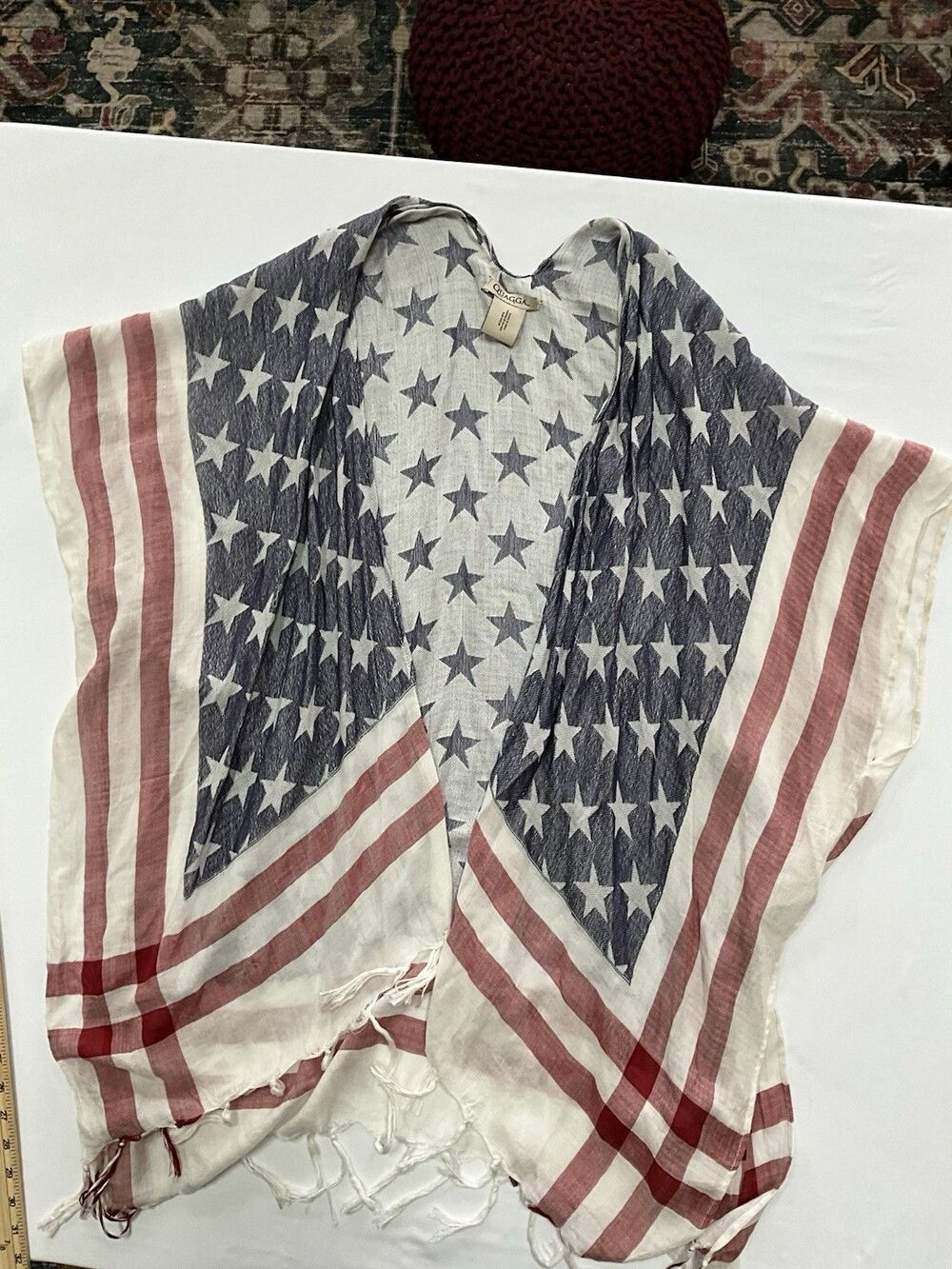 Quagga USA American Flag Kimono Cardigan Stars & Stripes Fringe Shawl OS